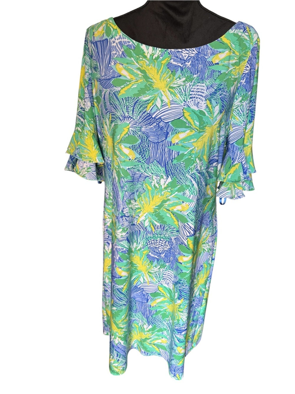 Pappagallo Tropical Palm Print Ruffle Sleeve Dress size L